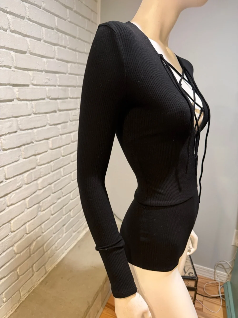 Reformation Black Lace-Up Bodysuit Tie Front Long Sleeve Size S